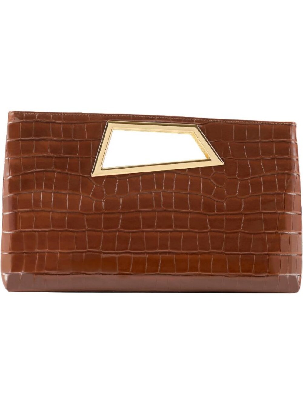 Women's Brown Pu Leather Clutch Metallic Geo Top Handle Evening Bag Party